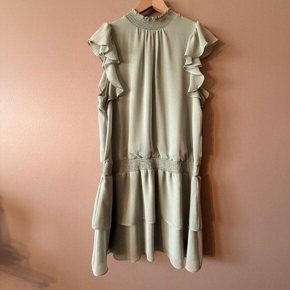 Women's L NWT 1. STATE. Smocked Mock Neck Dress Flutter Sleeve Mini - Picture 3 of 10